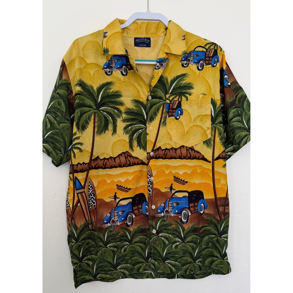 Pacific & Co Mens Hawaiian Shirt Medium Yellow Woodie Car Tropical Surf Scenic